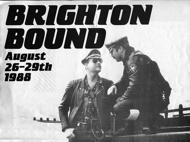 Two men in leather with the words: Brighton Bound