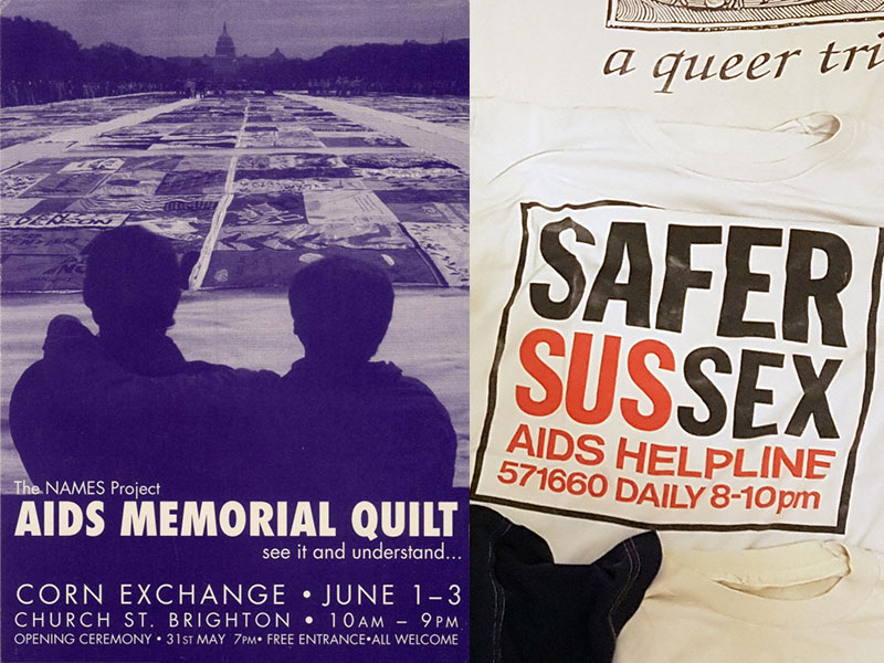 Postcard for the AIDS Memorial Quilt at Corn Exchange, and SAFER SUSSEX AIDS Helpline t-shirt