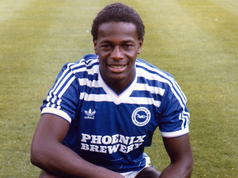 Justin Fashanu in Brighton & Hove Albion football strip