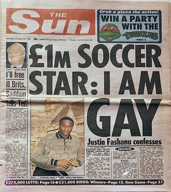 Front cover on The Sun newspaper with a picture of Justin Fashanu and the words £1M soccer star: I am gay