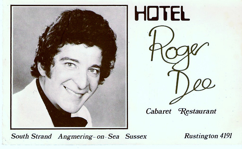 Card advertising the Hotel Roger Dee with a picture of his Roger