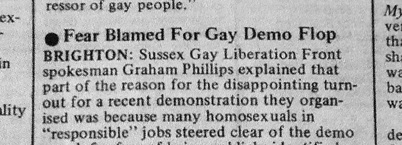 Newspaper cutting with title: Fear Blamed For Gay Demo Flop