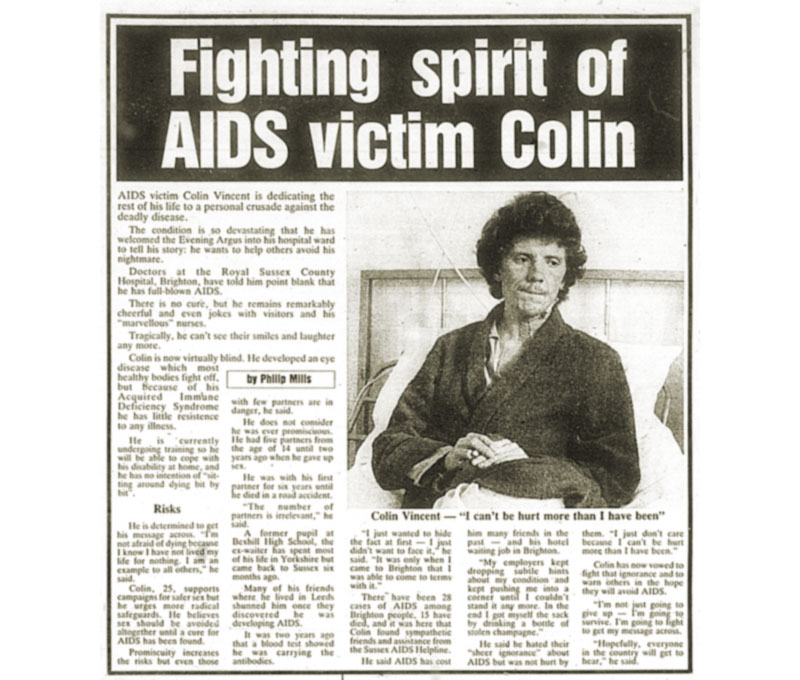 Man in hospital bed with the headline: Fighting spirit of AIDS victim Colin