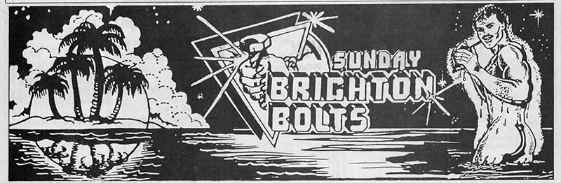 Semi-naked man walking out of the sea towards an island paradise, with the logo Brighton Bolts