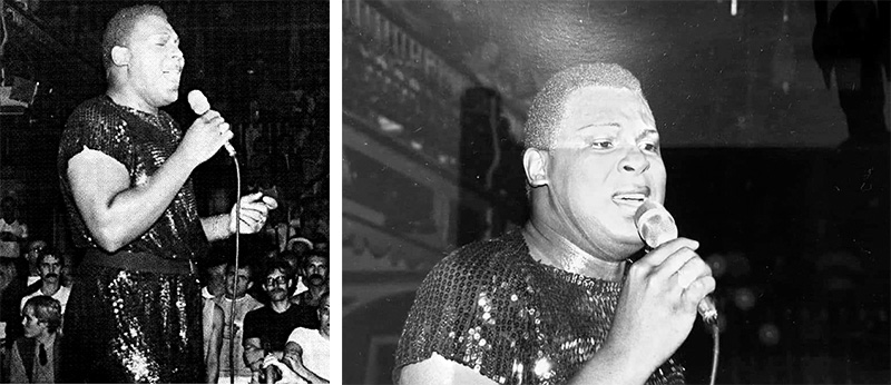 Two black and white photos of Sylvester singing in a club (Bolts)