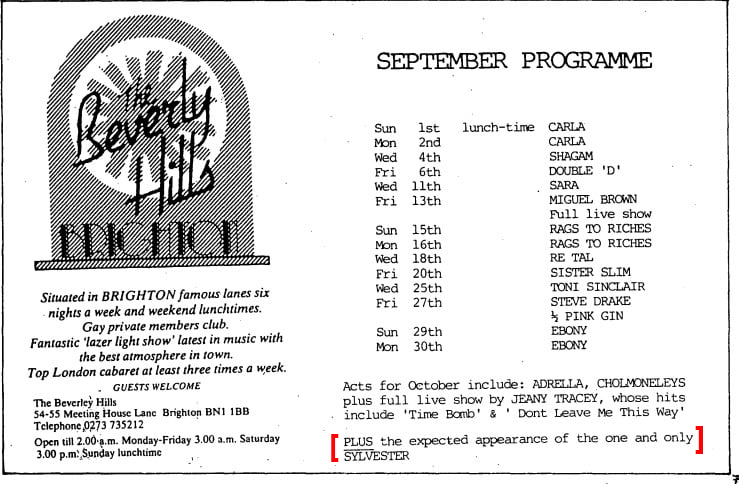 Flyer for The Beverly Hill Brighton, mentioning the forthcoming appearance of Sylvester