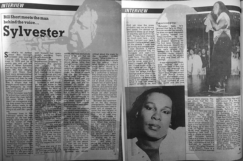 Double page spread of Bill Short's interview with Sylvester (Gay Times)