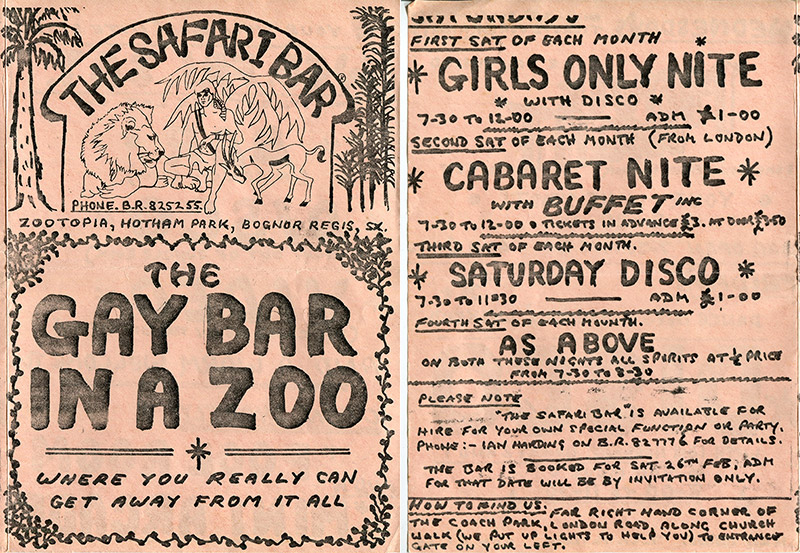 Two sides of a flyer advertising The Safari Bar: The Gay Bar In A Zoo 