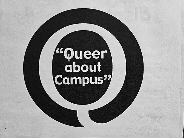 Black circle with a white Q in it and the words: Queer about campus