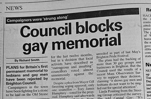 Cutting from Capital Gay newspaper with the headline: Council blocks gay memorial